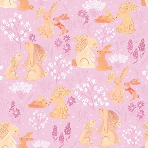 Mother and Daughter Rabbits in Flower Field | Pink 18x18