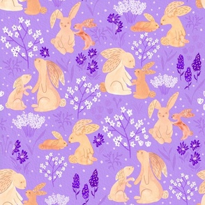 Mother and Daughter Rabbits in Flower Field | Purple 18x18