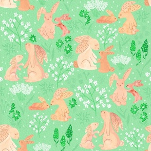 Mother and Daughter Rabbits in Flower Field | Green 18x18