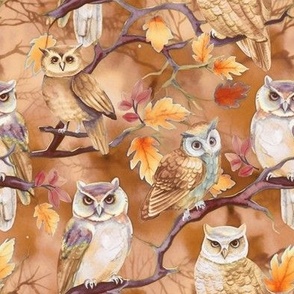 Owls on trees fall scene 