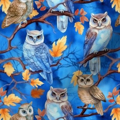 Owls on trees winter scene blue