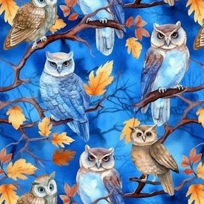 Owls on trees winter scene blue