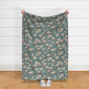 MOODY  FLORAL - VINTAGE ON RETRO TEAL, LARGE SCALE