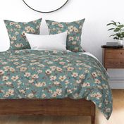 MOODY  FLORAL - VINTAGE ON RETRO TEAL, LARGE SCALE