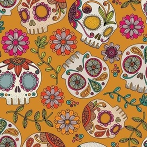 Colorful sugar skulls (yellow background)