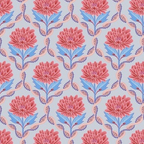 Pink color pops of graphical peony flowers on textured soft blue backdrop - small.