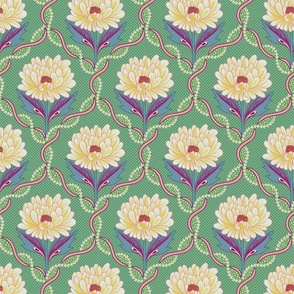 Contrasting decorative trellis pattern with Pink peony flowers on dark green - small.