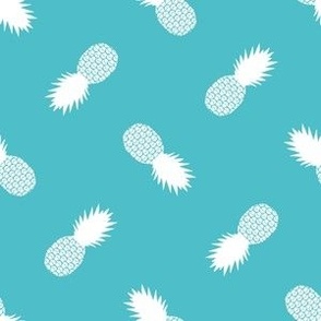 Small Tossed Pineapples, White on Cyan Blue