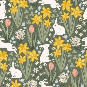 Springtime Easter bunnies featuring daffodils, tulips, daisies, hydrangeas, clover and blue flowers on dark green