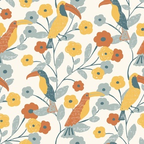 toucans hand drawn textured, grey mustard, terracotta