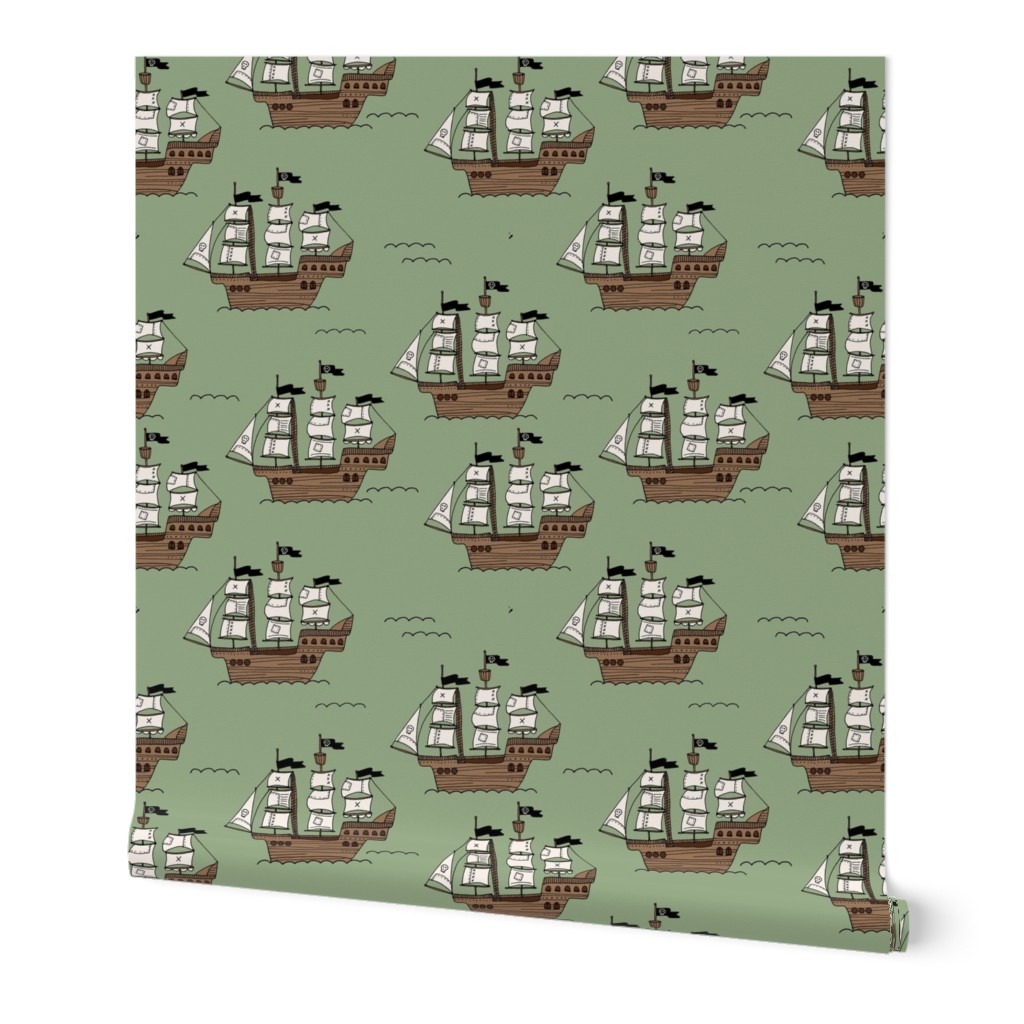 Pirate islands - caribbean adventures pirate ship and ocean waves freehand vintage kids design on olive green 
