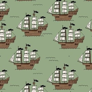 Pirate islands - caribbean adventures pirate ship and ocean waves freehand vintage kids design on olive green 