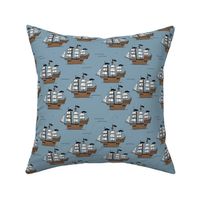 Pirate islands - caribbean adventures pirate ship and ocean waves freehand vintage kids design on cool blue 