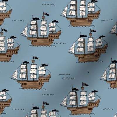 Pirate islands - caribbean adventures pirate ship and ocean waves freehand vintage kids design on cool blue 