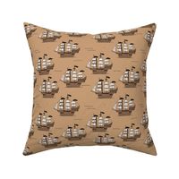 Pirate islands - caribbean adventures pirate ship and ocean waves freehand vintage kids design on tan brown 