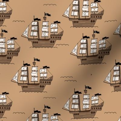 Pirate islands - caribbean adventures pirate ship and ocean waves freehand vintage kids design on tan brown 
