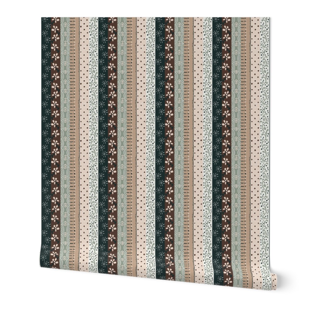 6” repeat small earthy minimalism hand drawn embellished vertical stripes,  deep green, brown, light teal, pale peach pink, pale cyan