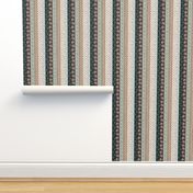 6” repeat small earthy minimalism hand drawn embellished vertical stripes,  deep green, brown, light teal, pale peach pink, pale cyan