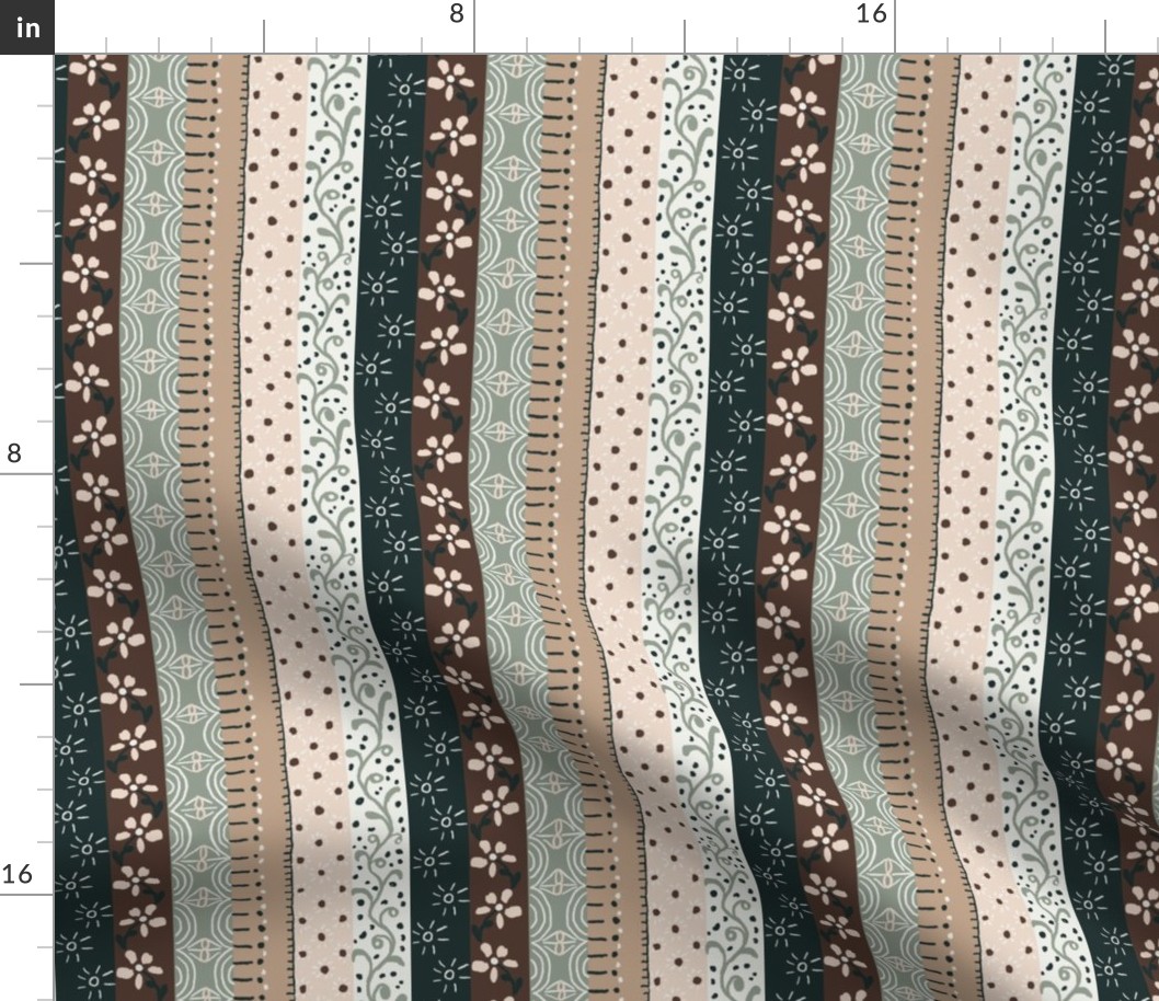 6” repeat small earthy minimalism hand drawn embellished vertical stripes,  deep green, brown, light teal, pale peach pink, pale cyan