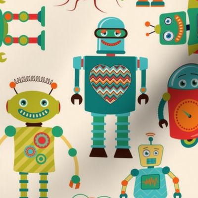 Whimsical Retro Robot Pattern, Medium Scale