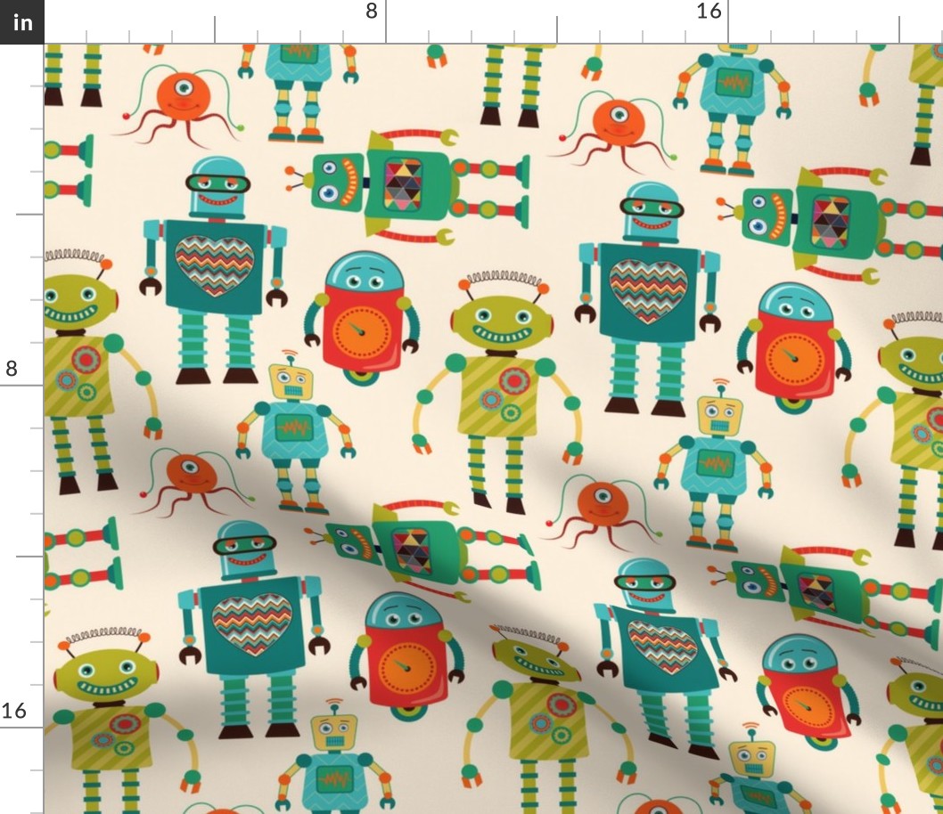 Whimsical Retro Robot Pattern, Medium Scale