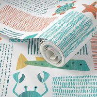 Abstract Beach Towels-Sea Animals -Nautical Summer- Teal Orange -Faux Texture-Medium Scale