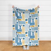 Abstract Beach Towels-Sea Animals -Nautical Summer- Yellow Blue -Faux Texture-Half Drop Large Scale