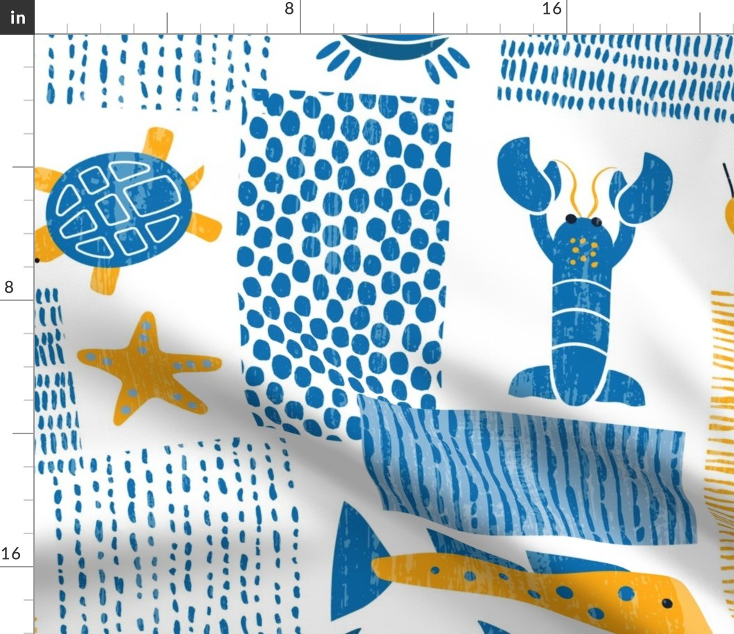 Abstract Beach Towels-Sea Animals -Nautical Summer- Yellow Blue -Faux Texture-Half Drop Large Scale