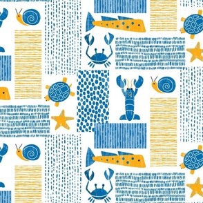 Abstract Beach Towels-Sea Animals -Nautical Summer- Yellow Blue -Faux Texture-Medium Scale