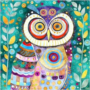 18x18 Funky Owl Panel Bold Colorful Flowers for Cut and Sew Panel Projects Pillows Cushions