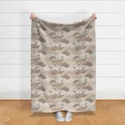 Woodland animals mountains and clouds landscape with fox, eagle, mouse, rabbit, moose and squirrel in beige brown