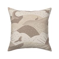 Woodland animals mountains and clouds landscape with fox, eagle, mouse, rabbit, moose and squirrel in beige brown