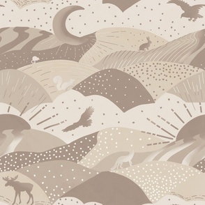 Woodland animals mountains and clouds landscape with fox, eagle, mouse, rabbit, moose and squirrel in beige brown