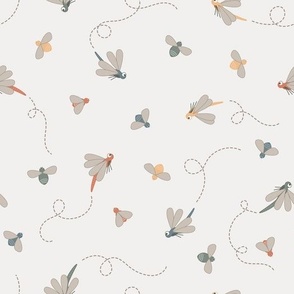 Dragonflies and bees in colorful muted tones