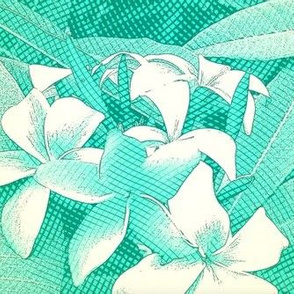 Plumeria teal base, vintage floral Aloha print