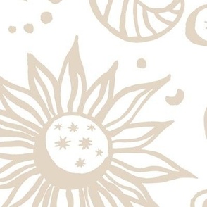 large - Celestial - sun_ moon_ stars and planets - hand drawn light swan beige on white
