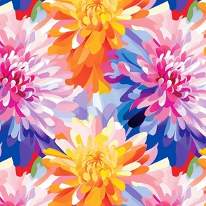 large scale bright colorful dahlias and flowers hand painted on a white background in the garden