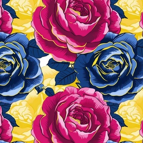 pop art large scale pen and ink and painted illustration of bright pink and yellow and cobalt blue roses with cobalt blue and yellow leaves and vines close up in a garden with white detail lines