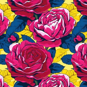 pop art large scale pen and ink and painted illustration of bright pink roses with cobalt blue and yellow leaves and vines close up in a garden with white detail lines