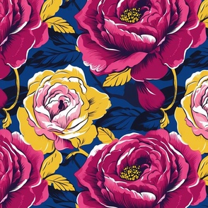 pop art large scale pen and ink and painted illustration of bright pink roses with cobalt blue and yellow leaves and vines close up in a garden