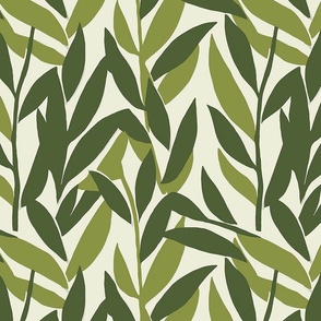 abstract paper and ink illustration of variations of green leaves and vines on an off white background in a garden with nature