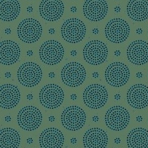 Watercolor organic hand painted dot circles in sea blue on middle green,  small scale