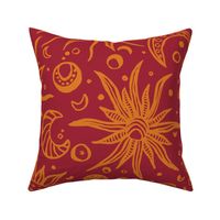 large - Celestial - sun_ moon_ stars and planets - hand drawn ochre yellow on scarlet smile red