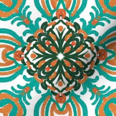 Spanish & Taino Floral Tile: Turquoise, Orange, Medium