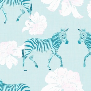 Painterly Zebras and white Peonies on watercolor on turquoise with linen texture (large scale) 