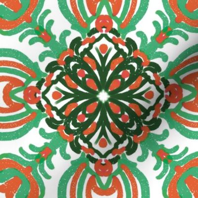 Spanish & Taino Floral Tile: Red, Green, Medium