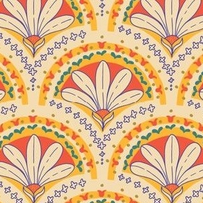 Art Deco Fan Daisy Pattern in Yellow, Red and Green