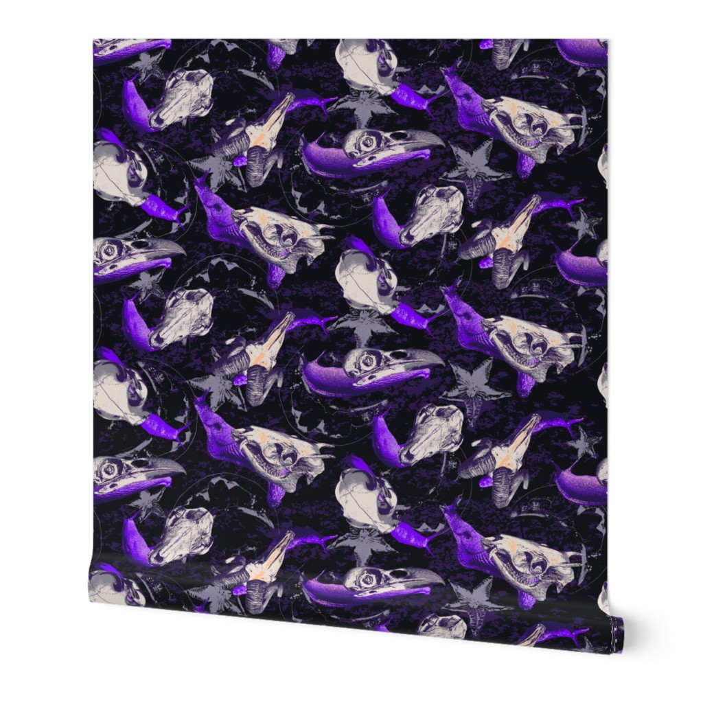 Vibrant Violet and Black Spooky Snails with Animal Skulls for Halloween