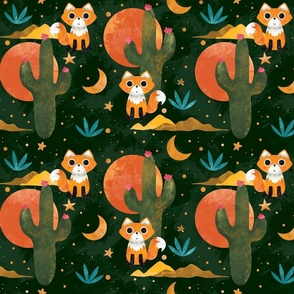 Dark Green Fox Desert Moon Aesthetic Pattern With Cactus, Sand, Moon And Stars In The Night Sky 