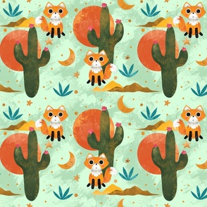 Light Green Fox Desert Moon Aesthetic Pattern With Cactus, Sand, Moon And Stars In The Night Sky 